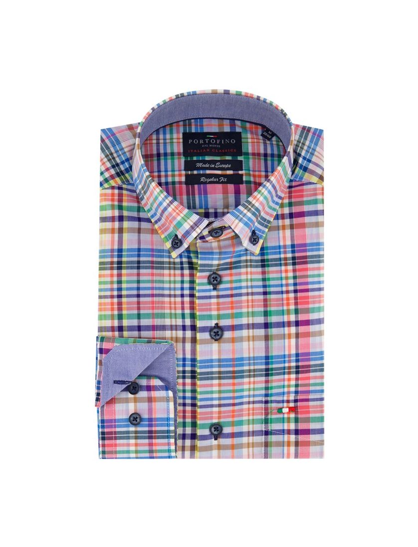 Portofino casual overhemd wijde fit blauw geruit katoen met borstzak