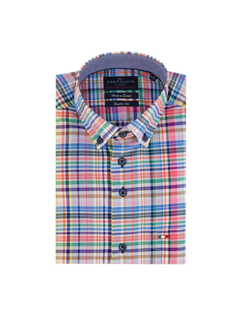 Portofino casual overhemd wijde fit blauw geruit katoen met borstzak