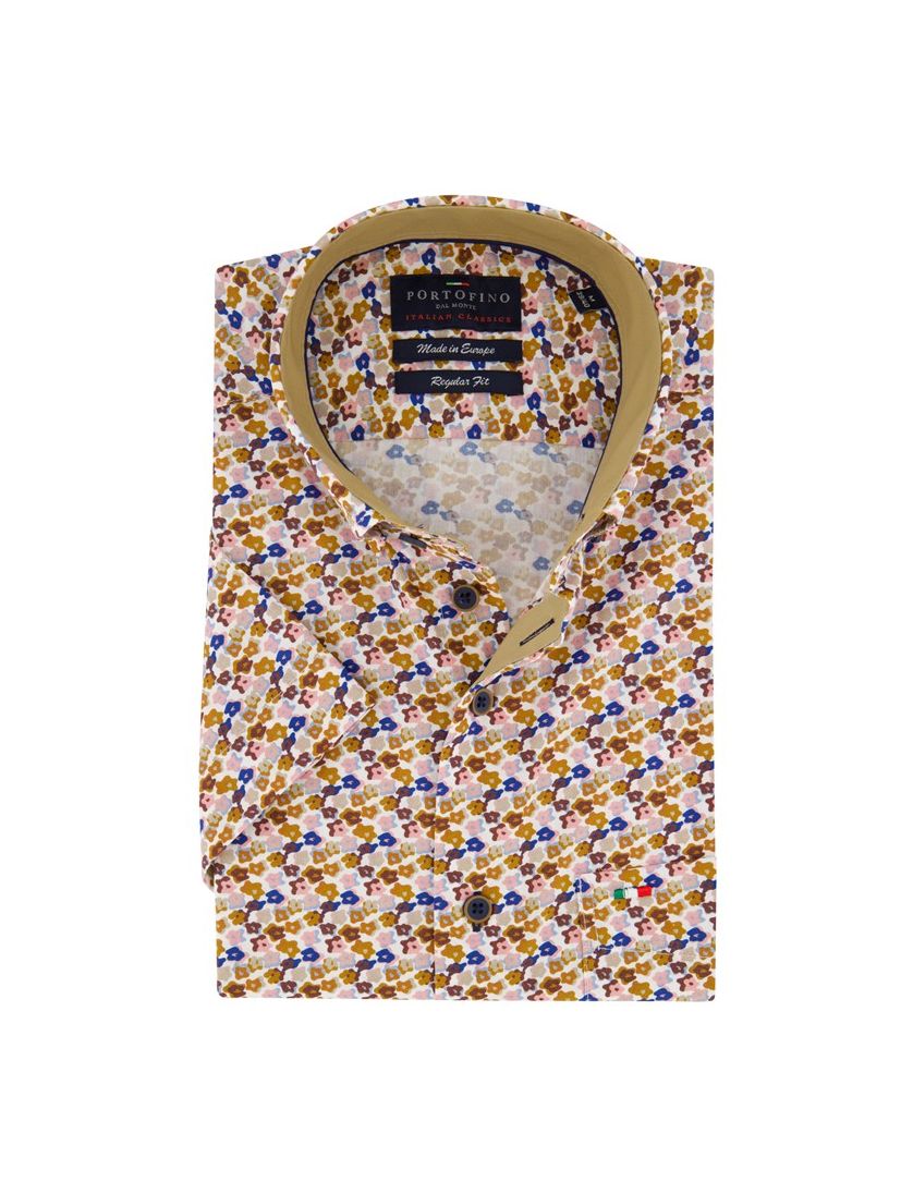 Portofino casual overhemd korte mouw regular fit bruin multicolor bloemen print katoen