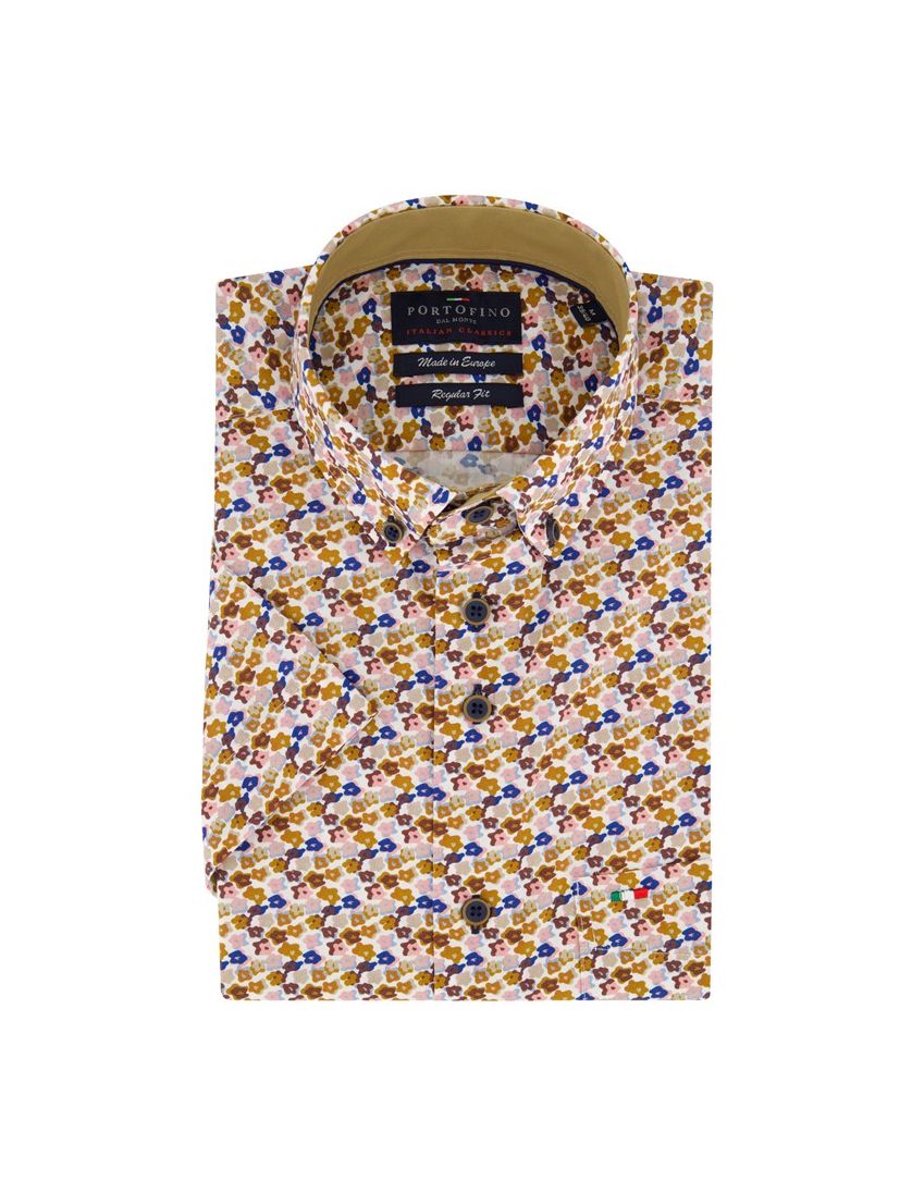 Portofino casual overhemd korte mouw regular fit bruin multicolor bloemen print katoen