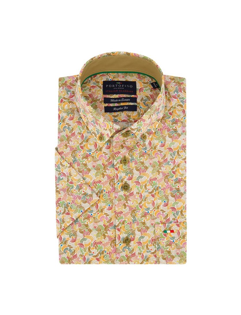 Portofino casual overhemd korte mouw regular fit groen bruin multicolor geprint katoen