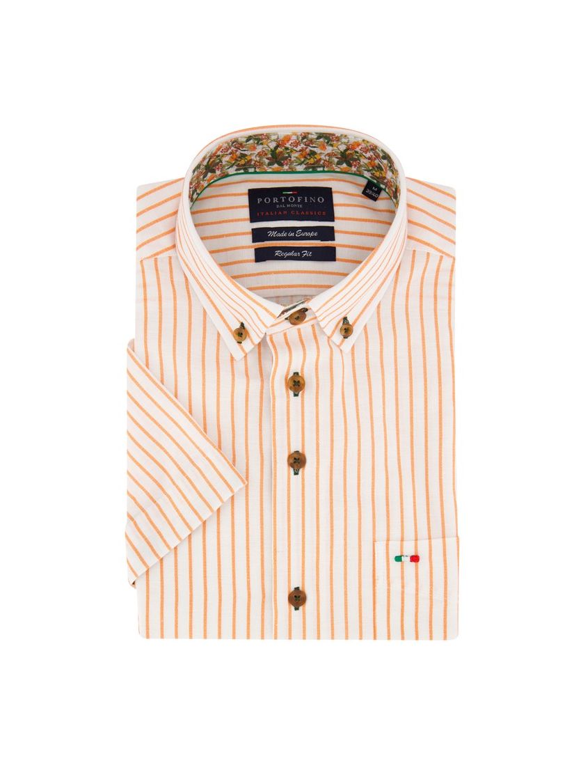 Portofino casual overhemd korte mouw regular fit oranje verticaal gestreept linnen