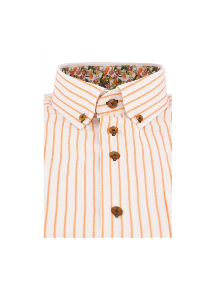 Portofino casual overhemd korte mouw regular fit oranje verticaal gestreept linnen