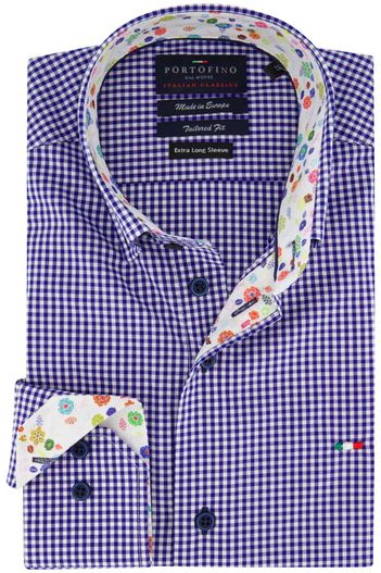 Portofino Portofino casual overhemd mouwlengte 7 tailord fit blauw geruit katoen