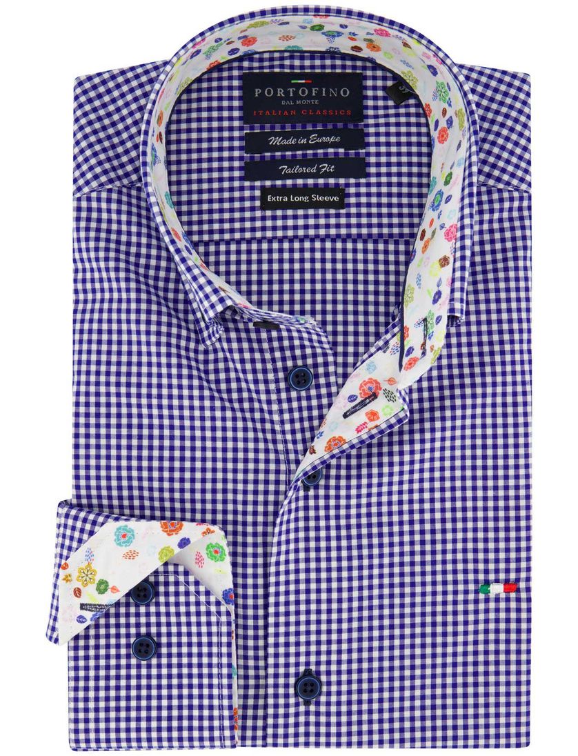 Portofino overhemd mouwlengte 7 tailord fit blauw geruit katoen