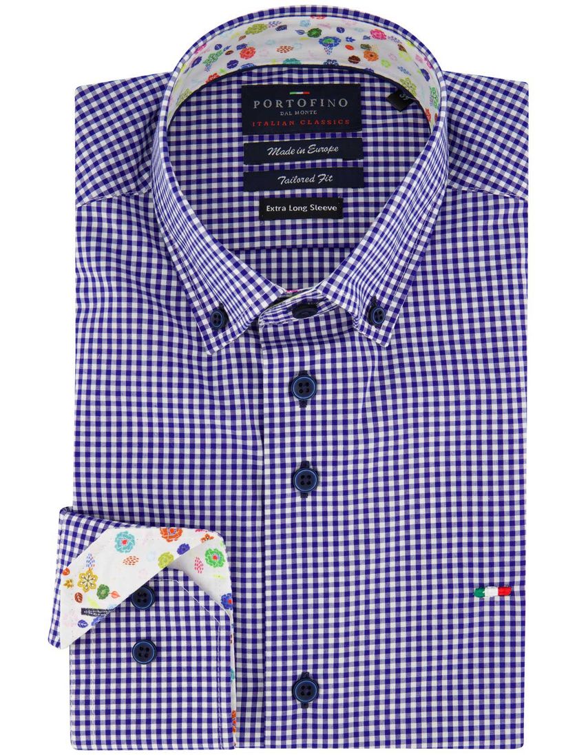 Portofino overhemd mouwlengte 7 tailord fit blauw geruit katoen