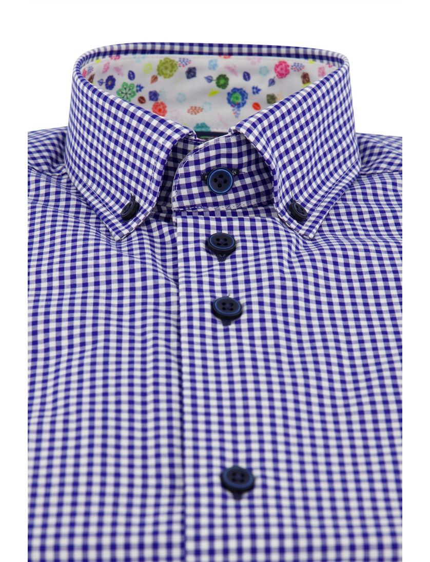 Portofino overhemd mouwlengte 7 tailord fit blauw geruit katoen