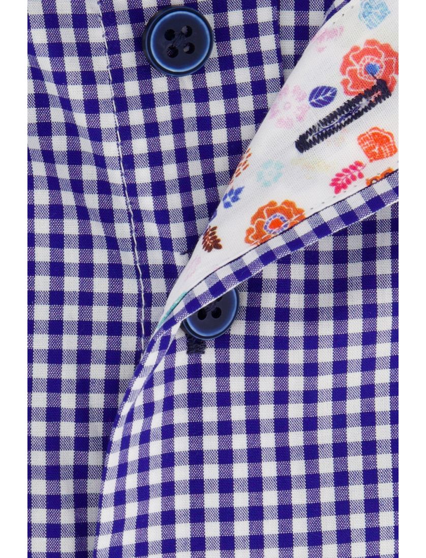 Portofino overhemd mouwlengte 7 tailord fit blauw geruit katoen