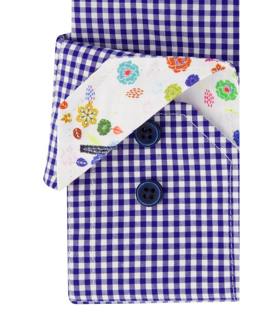 Portofino overhemd mouwlengte 7 tailord fit blauw geruit katoen