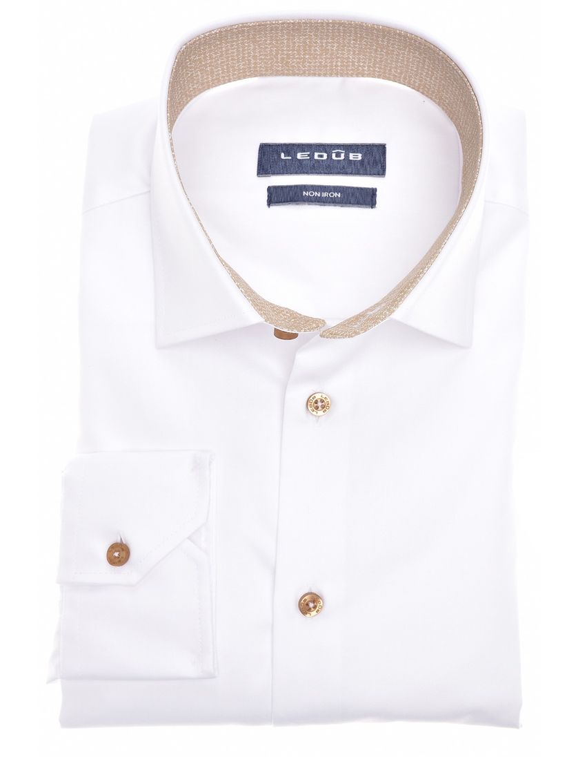 Ledub business overhemd wit effen katoen-stretch normale fit