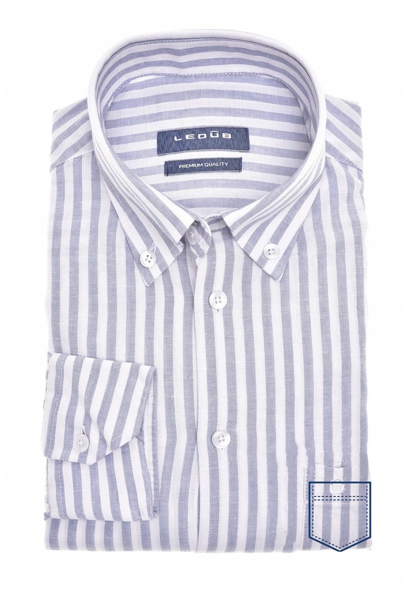 Ledub business overhemd Modern Fit blauw gestreept linnen en katoen