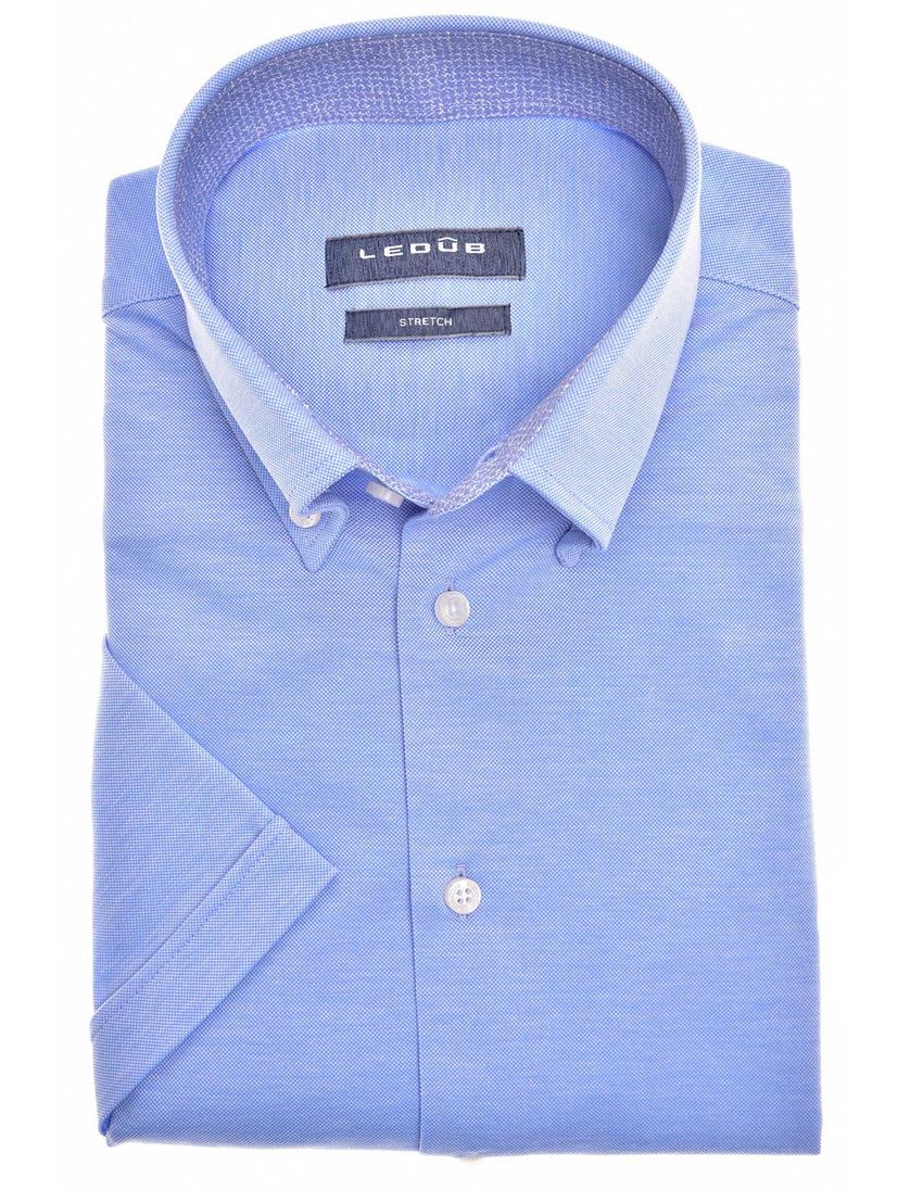 Ledub overhemd korte mouw blauw effen 100% katoen normale fit