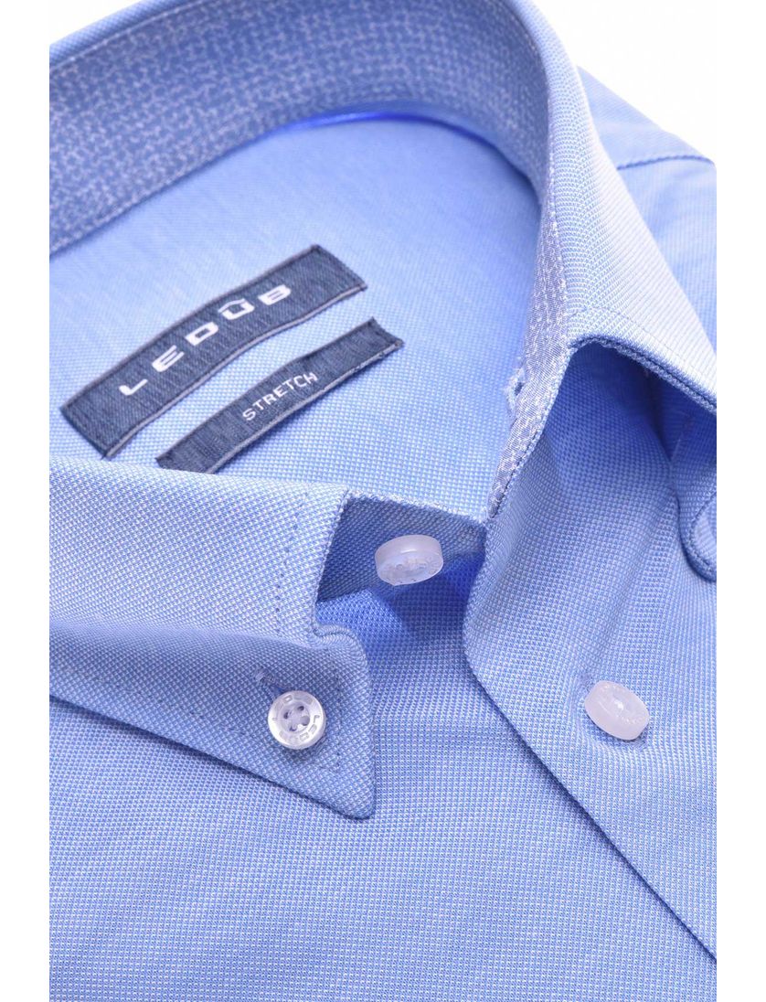 Ledub overhemd korte mouw blauw effen 100% katoen normale fit