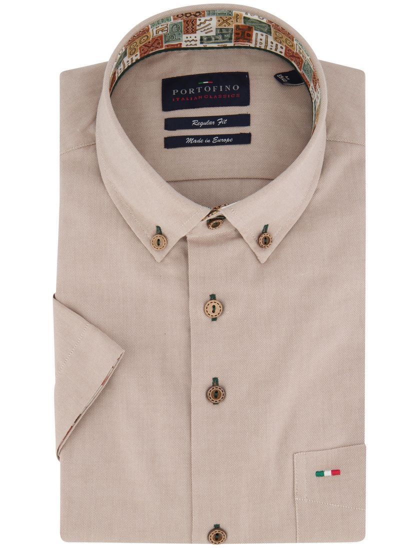 Portofino casual overhemd korte mouw beige effen katoen regular fit kraag geprint