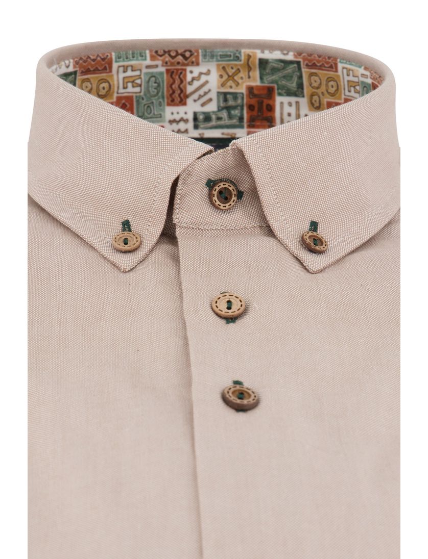 Portofino casual overhemd korte mouw beige effen katoen regular fit kraag geprint
