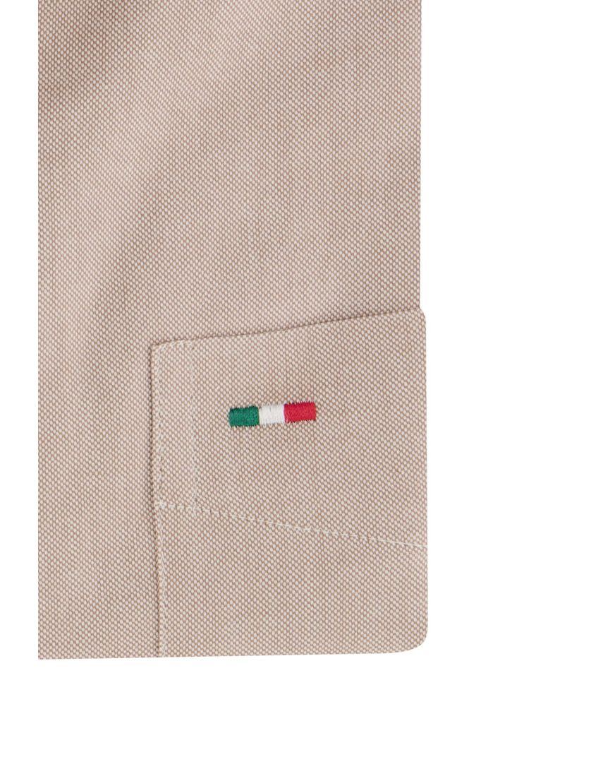 Portofino casual overhemd korte mouw beige effen katoen regular fit kraag geprint