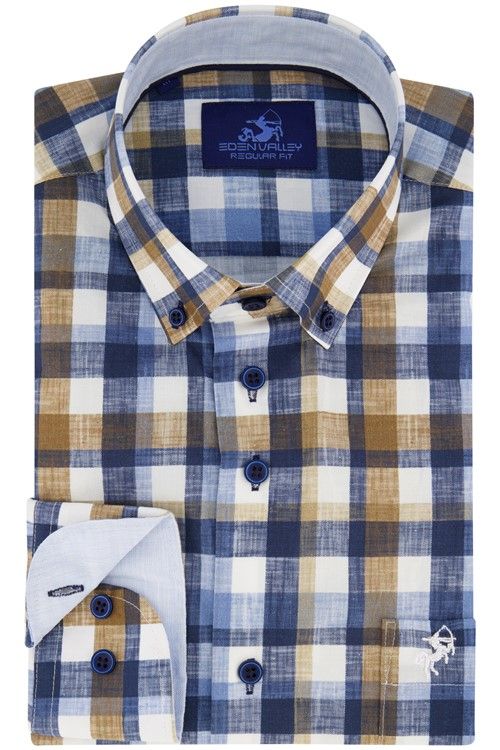Eden Valley casual overhemd wijde fit blauw wit geruit
