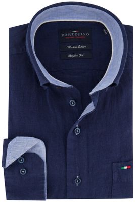 Portofino casual overhemd Portofino donkerblauw effen linnen wijde fit 