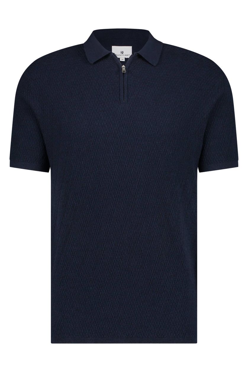 State of Art polo donkerblauw effen rits wijde fit