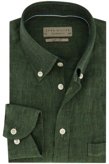 casual overhemd mouwlengte 7 John Miller groen effen linnen slim fit 