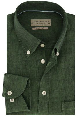 John Miller John Miller casual overhemd mouwlengte 7 groen effen linnen slim fit