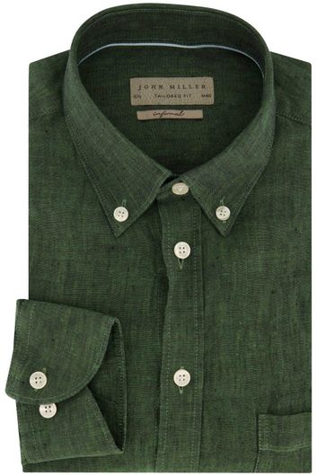 casual overhemd mouwlengte 7 John Miller groen effen linnen slim fit 