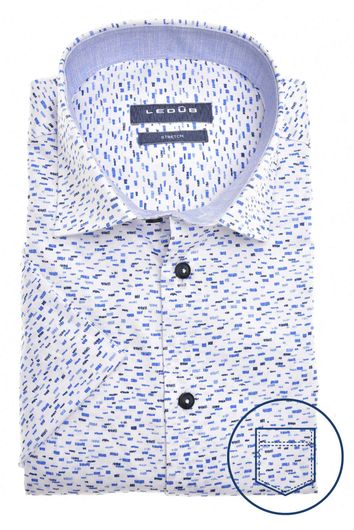 Ledub overhemd korte mouw met stretch wit blauw patroon