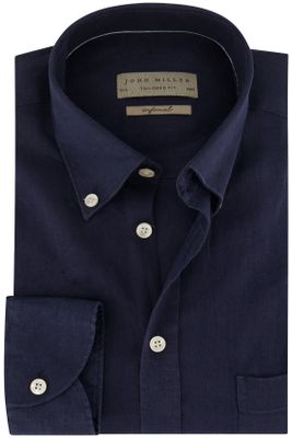 John Miller John Miller casual overhemd slim fit donkerblauw effen linnen