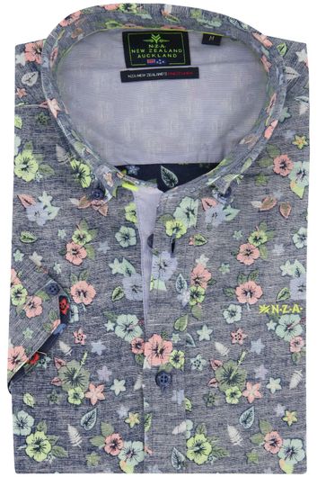 New Zealand casual overhemd korte mouw  normale fit donkerblauw geprint linnen
