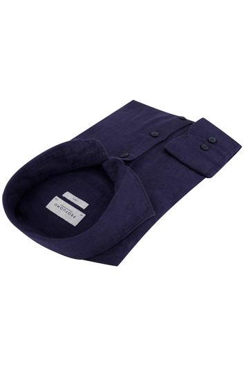 Profuomo business overhemd slim fit donkerblauw effen linnen