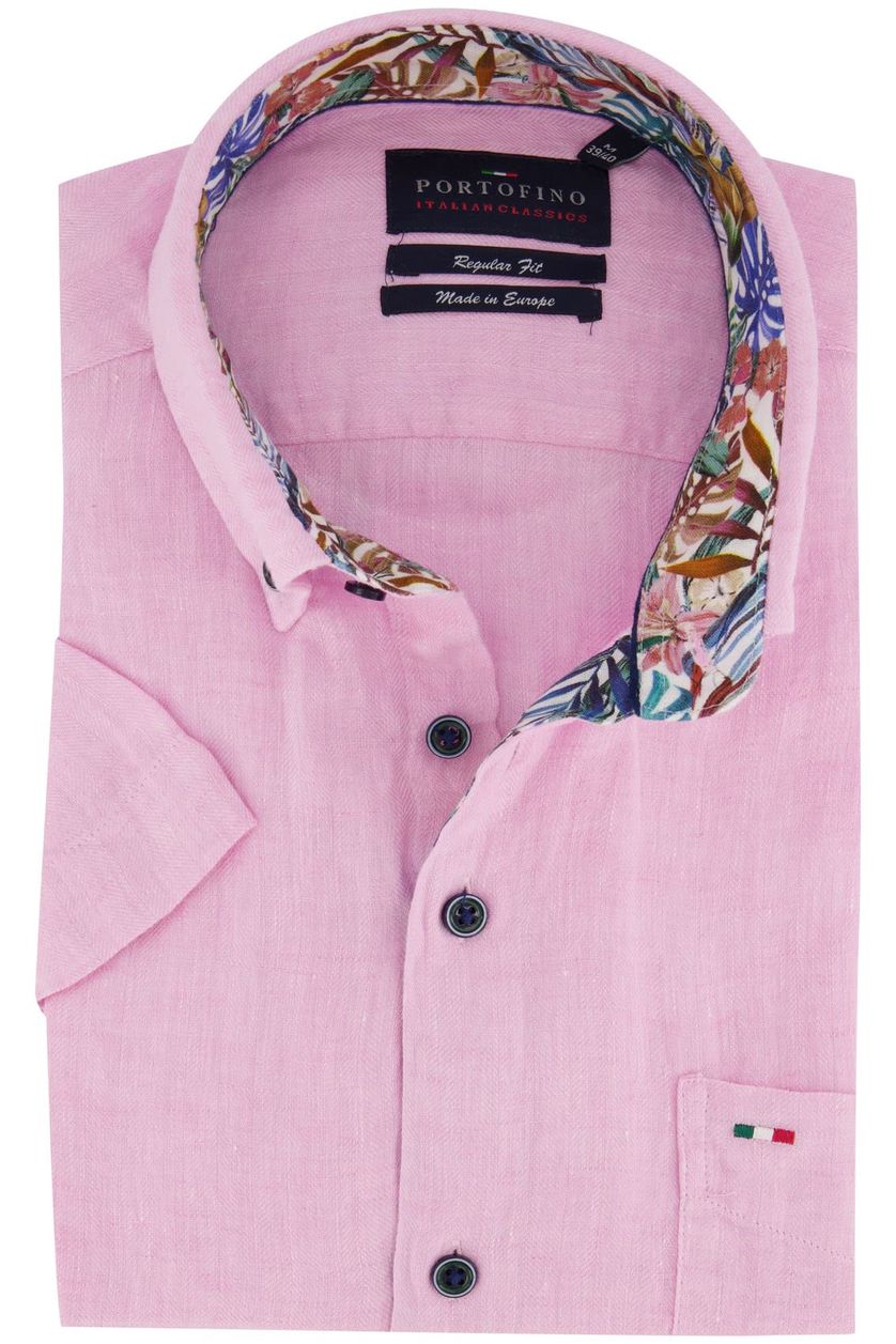 Portofino overhemd korte mouw melange roze Regular Fit