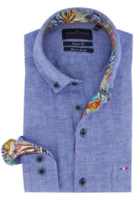 Portofino Portofino linnen overhemd Regular Fit gemeleerd blauw