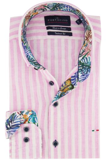 casual overhemd mouwlengte 7 Portofino roze gestreept linnen normale fit 