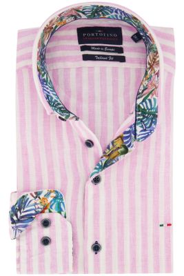 Portofino casual overhemd mouwlengte 7 Portofino roze gestreept linnen normale fit 
