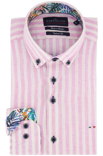 casual overhemd mouwlengte 7 Portofino roze gestreept linnen normale fit 