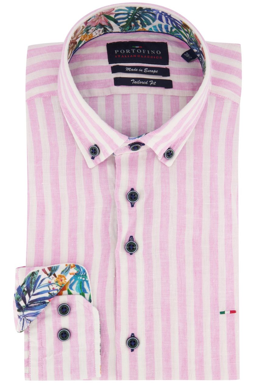 Portofino casual overhemd mouwlengte 7 roze gestreept linnen normale fit