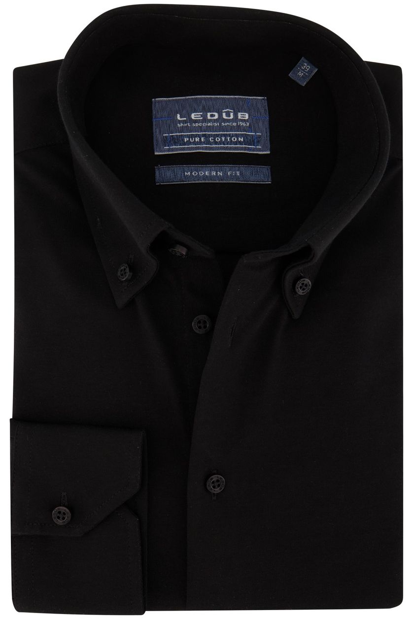 Ledub overhemd mouwlengte 7 Modern Fit New zwart effen katoen normale fit