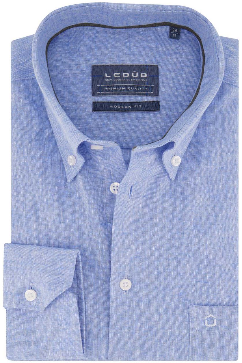 Ledub overhemd mouwlengte 7 Modern Fit New lichtblauw effen linnen normale fit