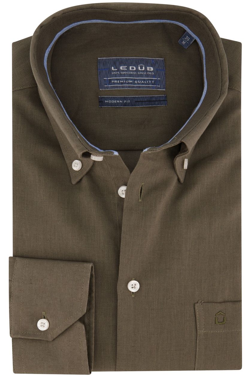 Ledub business overhemd Modern Fit New groen effen linnen normale fit