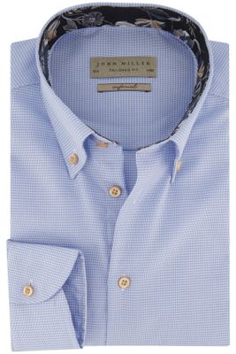 John Miller John Miller overhemd mouwlengte 7 Tailored Fit lichtblauw geruit katoen slim fit