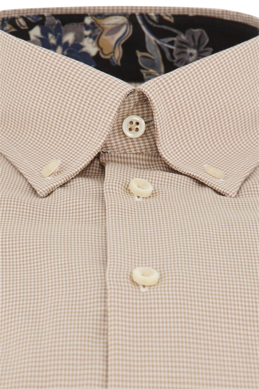 John Miller overhemd mouwlengte 7 Tailored Fit beige geruit katoen slim fit