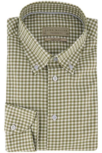 John Miller overhemd mouwlengte 7 John Miller Tailored Fit normale fit groen geruit katoen