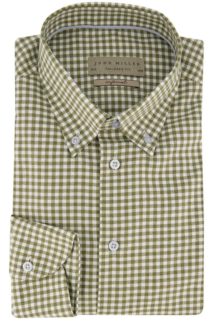 John Miller overhemd mouwlengte 7 Tailored Fit groen geruit katoen slim fit