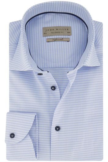 John Miller overhemd mouwlengte 7 John Miller Tailored Fit normale fit lichtblauw geruit katoen