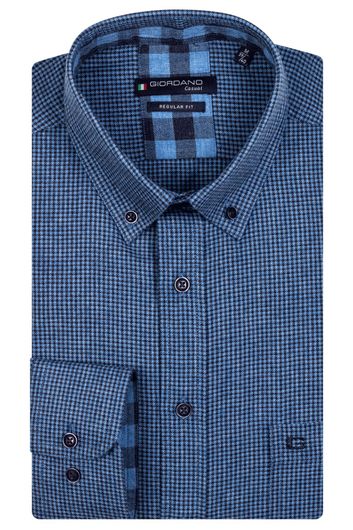 Giordano casual overhemd button-down wijde fit blauw geruit katoen
