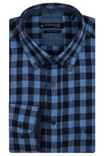 Giordano casual overhemd wijde fit blauw geruit borstzak