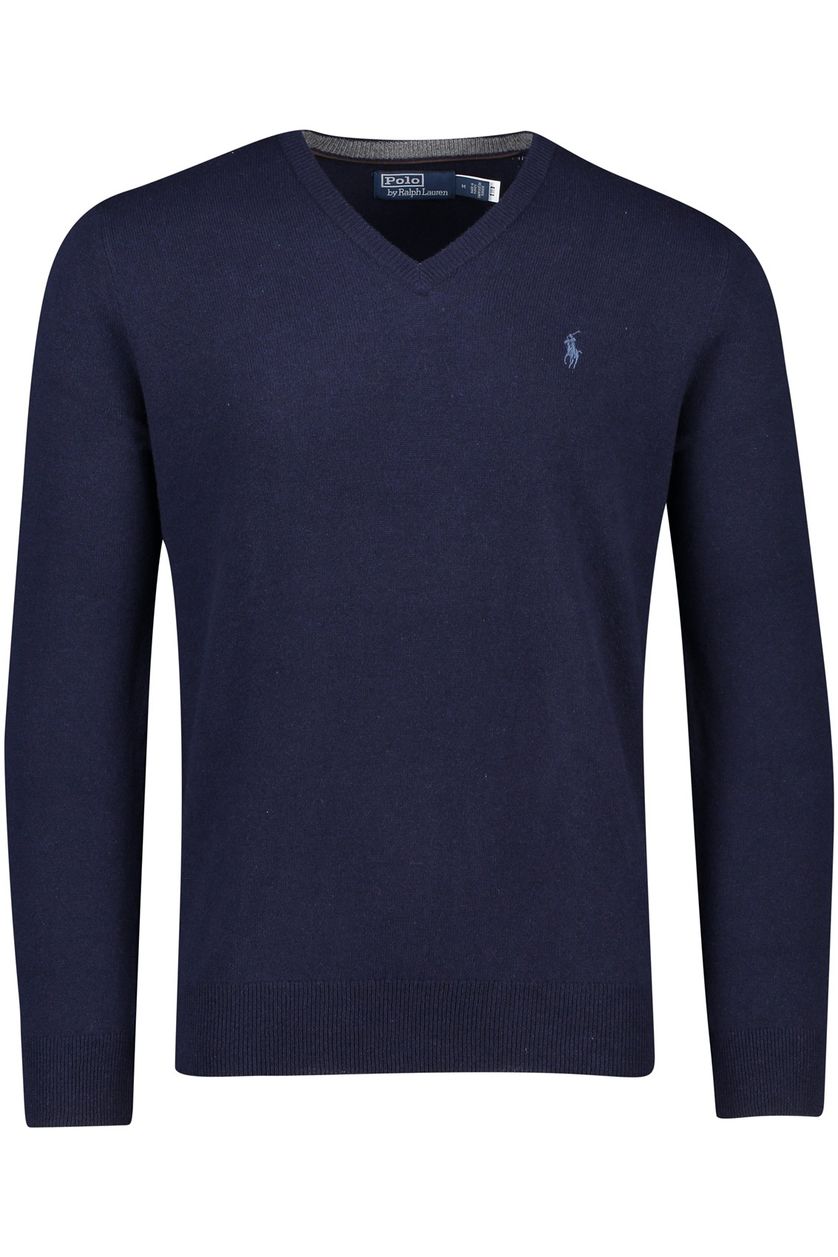 Polo Ralph Lauren trui donkerblauw effen wol met logo v-hals 