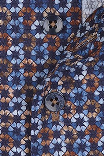 overhemd mouwlengte 7 R2 blauw geprint katoen slim fit 