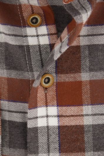 Portofino casual overhemd wijde fit bruin grijs geruit katoen