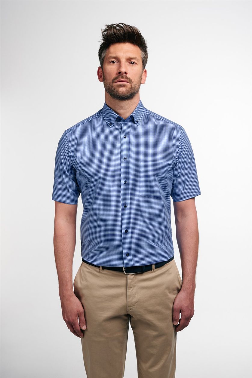 Eterna overhemd korte mouw Modern Fit blauw geruit katoen normale fit